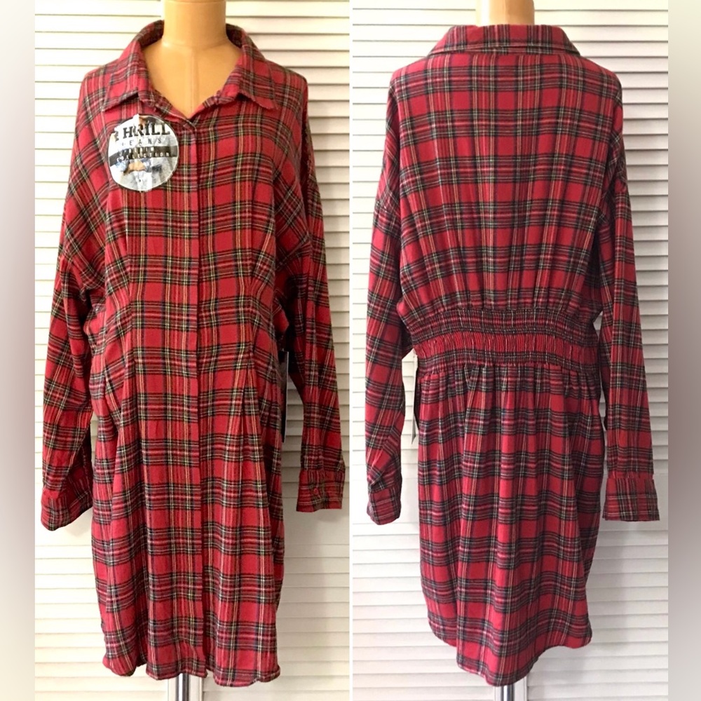 🆕 Thrill Shirt Dress Womens 2X Red Plaid Long Sleeve Button Collared NWT NEW
